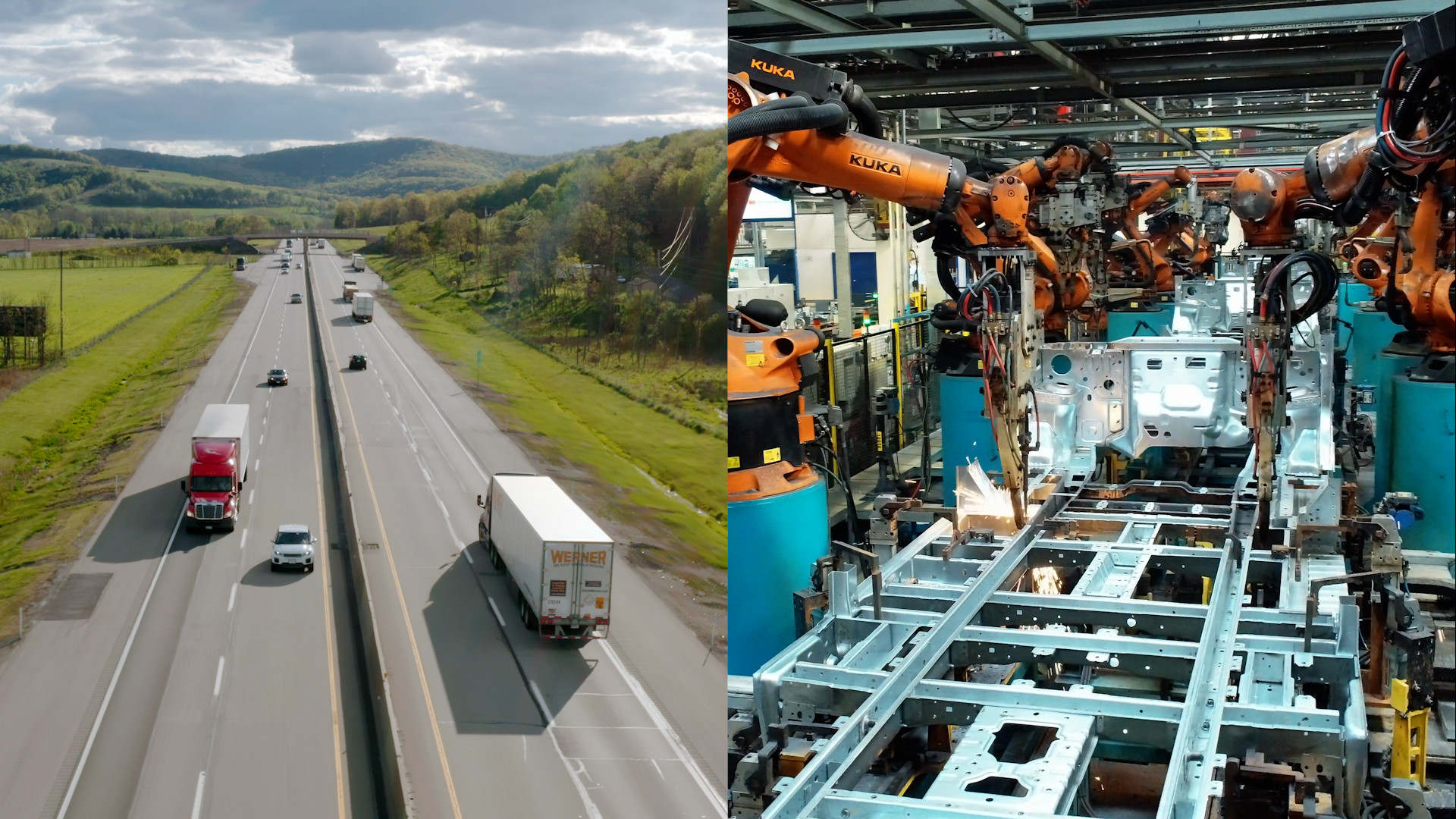 The image on the left is an overhead view of a freeway. The image on the right is machinery in a factory. 